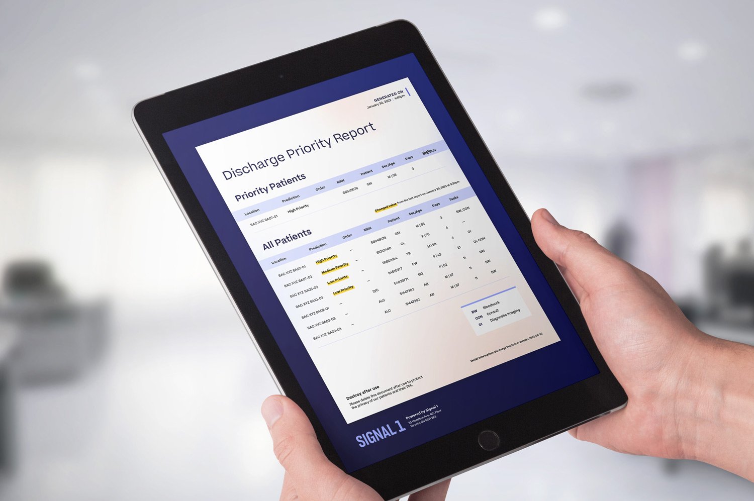 A view of the Signal 1 Discharge Report displayed on a tablet screen in someone's hands